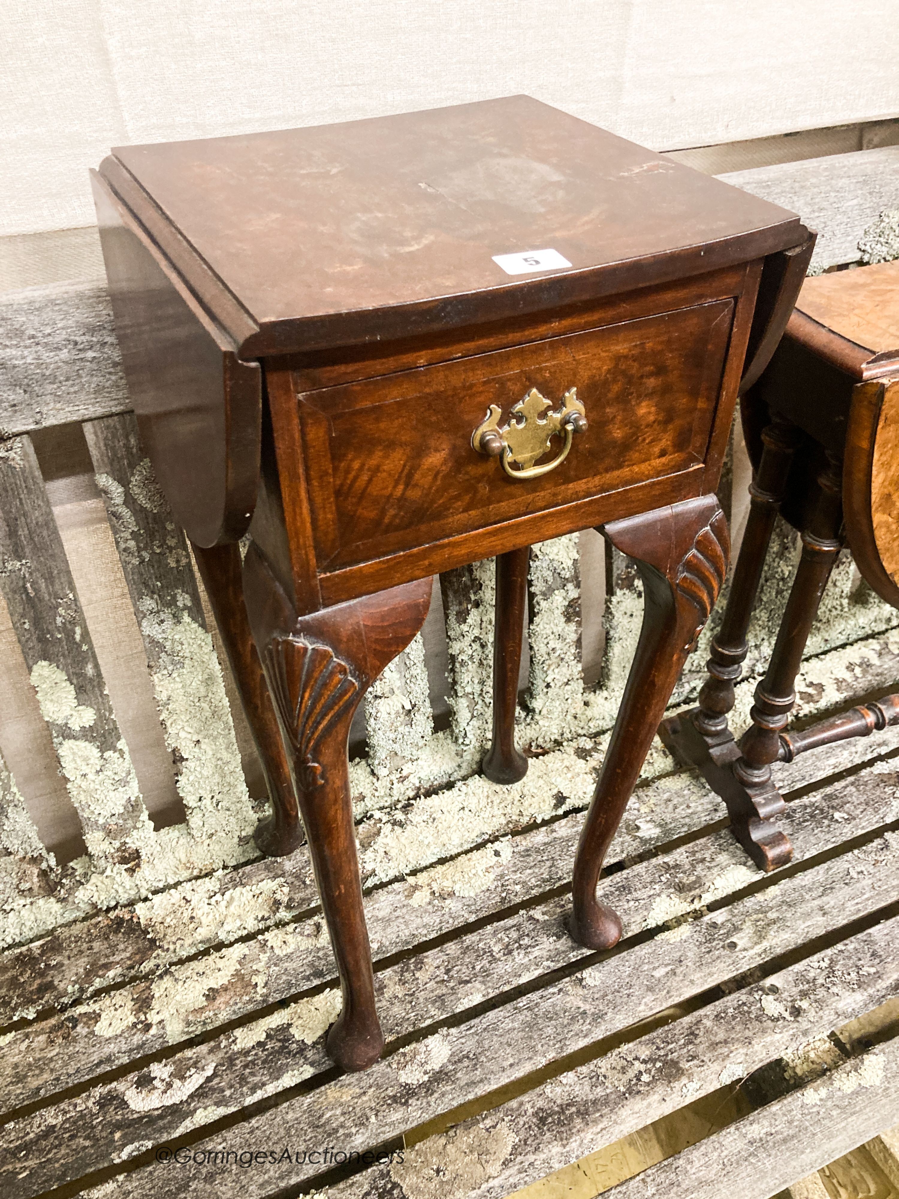 A Victorian walnut Sutherland table, W.52cm H.54cm together with a Queen Anne revival walnut drop flap bedside table